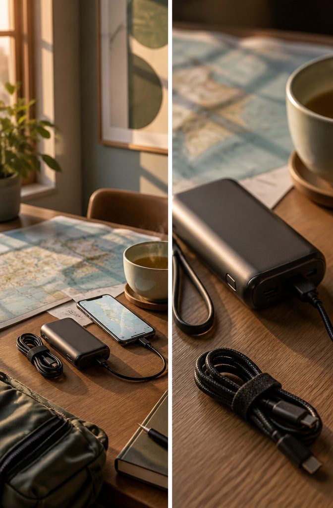 What to Pack for a Trip to Japan: 10 Smart Essentials 8 A portable charger alongside electronics for charging devices in Japan.