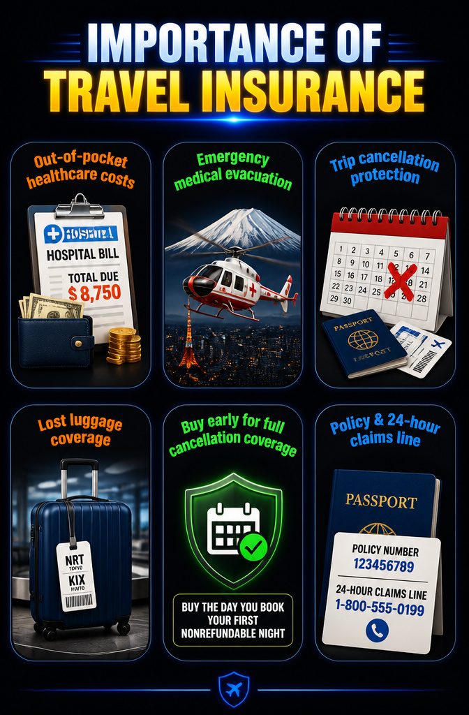 What to Pack for a Trip to Japan: 10 Smart Essentials 15 An illustration emphasizing the importance of travel insurance for travelers.