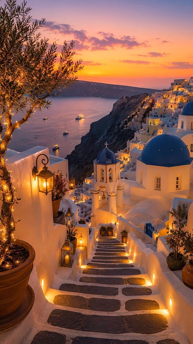 White buildings with blue domes on a cliffside overlooking the sea at sunset.