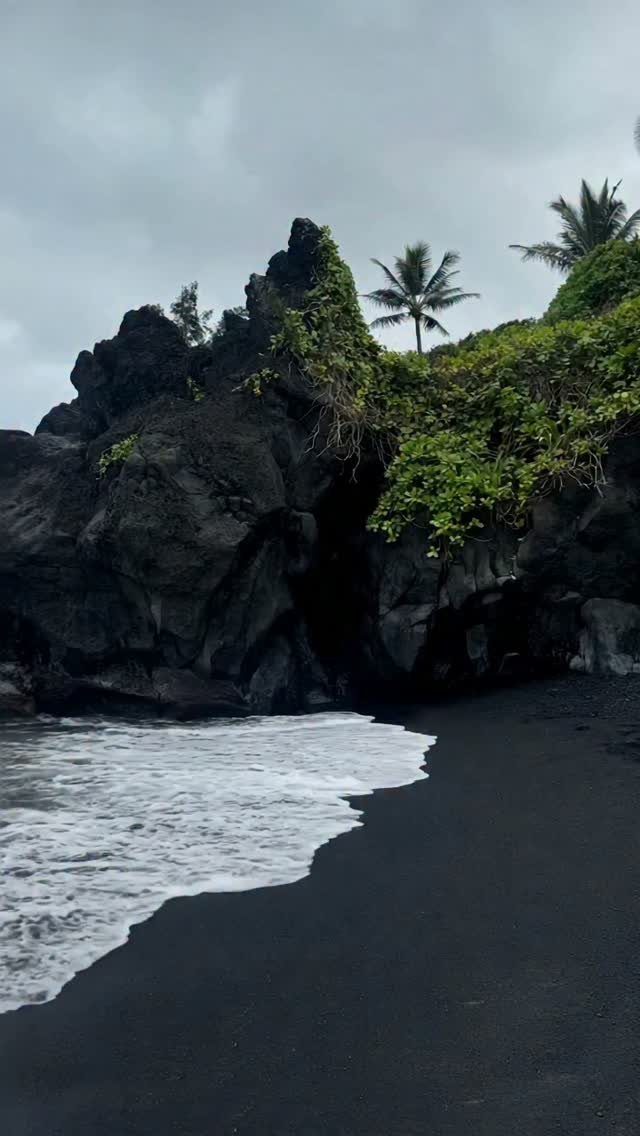 Black sand beach with jagged volcanic rocks and palm trees under cloudy skies.