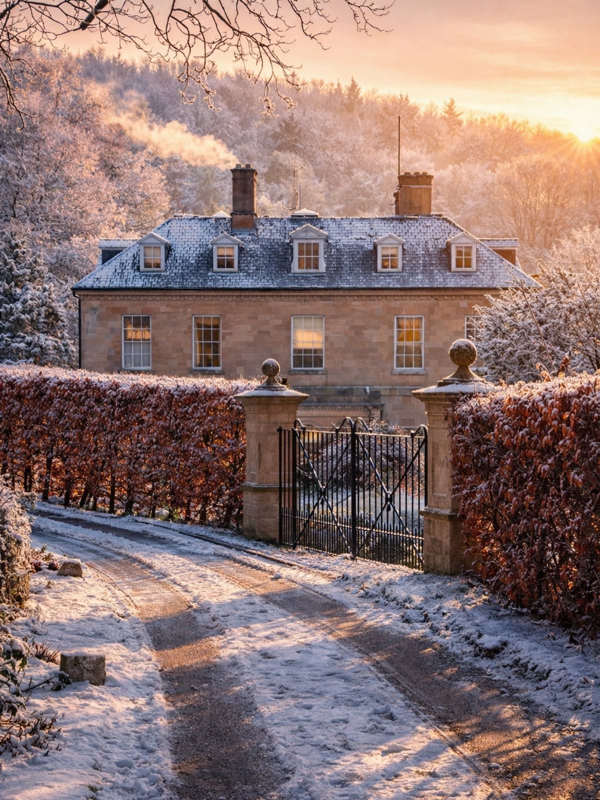 Stone manor house with snow-covered roof and smoking chimneys during a winter sunrise.